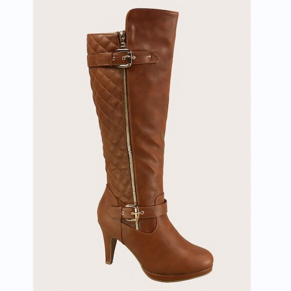 Top Moda Brown Quilted Knee High Boots Women’s 10 New 3” Heel Gold Hardware - Picture 1 of 14